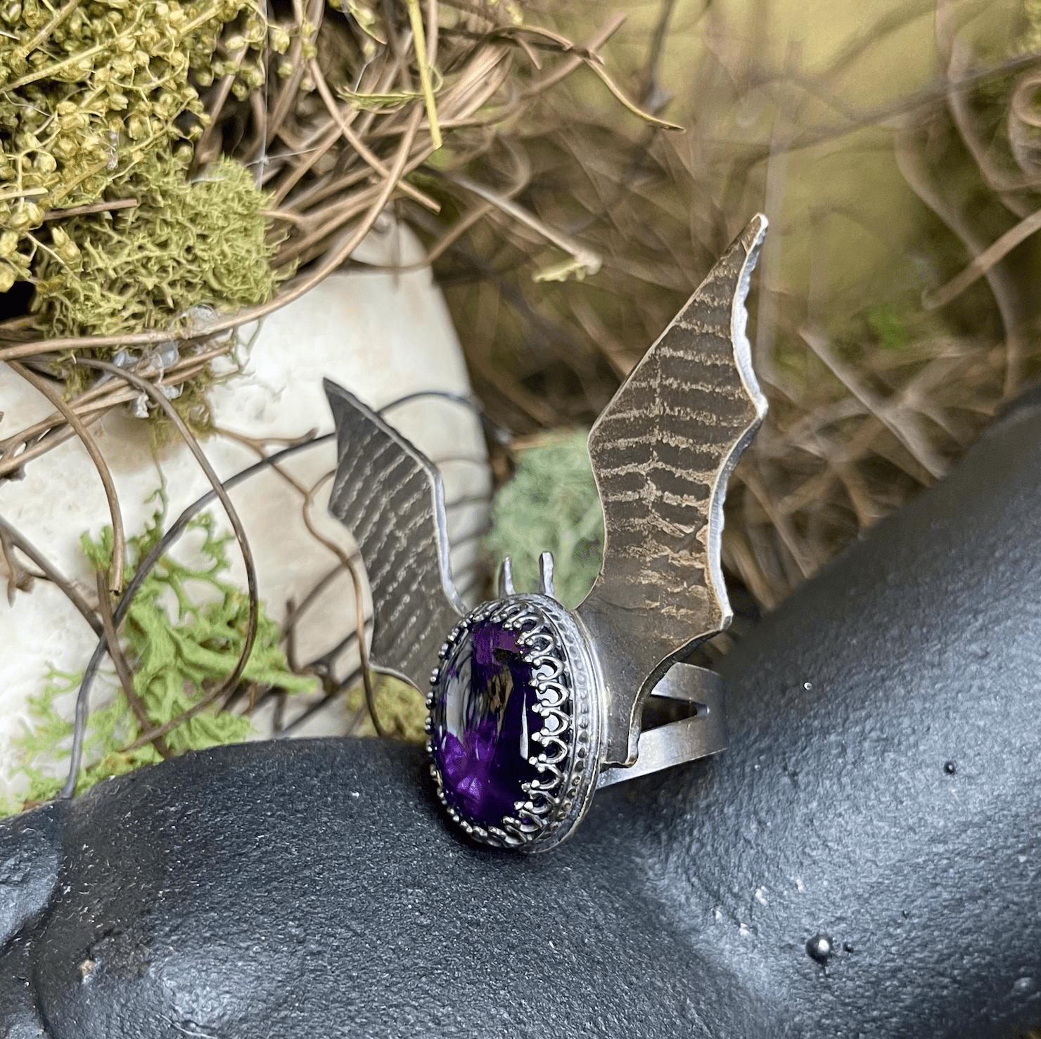 SAMPLE Bat Wing Amethyst Sterling Ring - Loved To Death