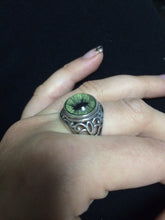 Load image into Gallery viewer, Victorian Inspired Sterling Filigree Blue Feline Taxidermy Eye Ring
