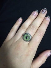 Load image into Gallery viewer, Victorian Inspired Sterling Filigree Blue Feline Taxidermy Eye Ring
